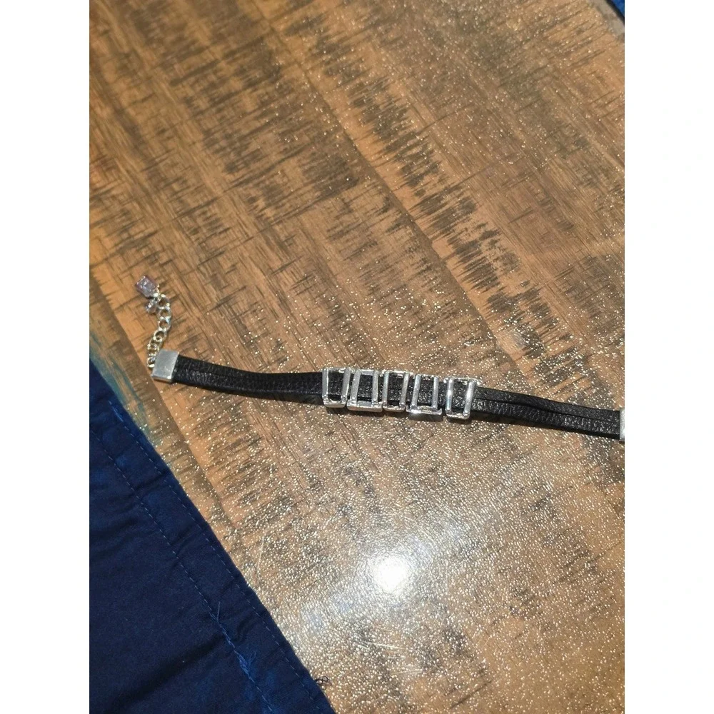 Robert Lee MillerBlack Leather Silver Tone Geometric Slider Bracelet - Picture 4 of 6